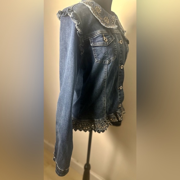 ONADO Paris Women’s Embroidered Lace Asymmetric Hem Cotton Denim Jacket Sz XL/42 - Picture 5 of 13